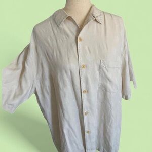 NAT NAST Large 100% Silk Golf Print Embroidered Button Down Cream White Shirt